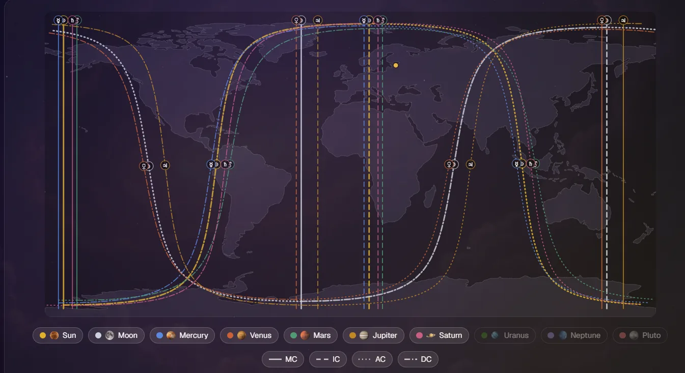 An astrocartography world map in the Astronaria app, with a line for each planet