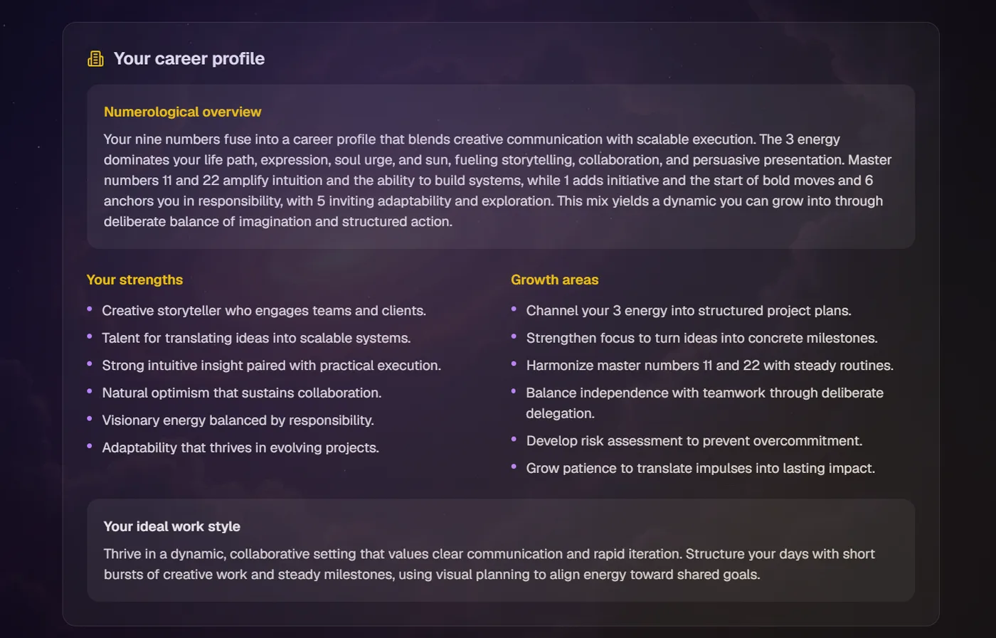 A numerology career profile in the Astronaria app, with strengths, growth areas and an ideal work style